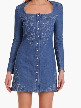 NWT Avec Les Filles Blue Denim Dress with Embroidered Details